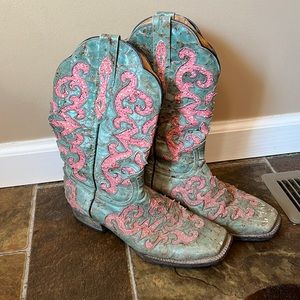 Tanner Mark turquoise and pink glitter boots